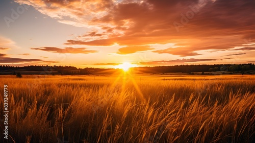 A stunning sunset over a golden wheat field, with warm sunlight spreading across the horizon, creating a serene and picturesque rural landscape.