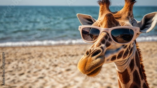 A cool giraffe is so beautiful and funny.The backround has palm trees and complete the mood of the shot.Giraffe looks happy and peaceful