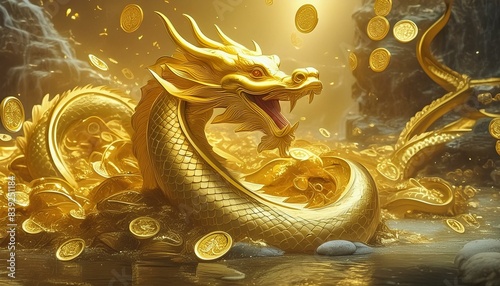 Sodiac golden naga with alot of thai ancient treasure under water in cave - super realistic 