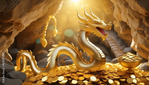 Beutiful and zodiac dragon naga grand movement with compiled tresure of golden on heaven underwater