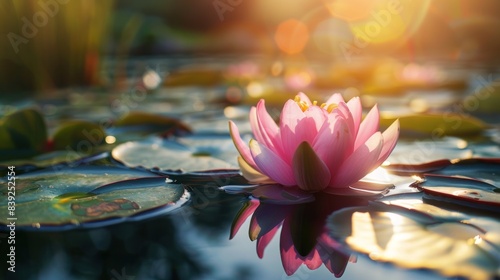 Pink lotus flower in water surface with sunshine, visually appealing realistic photo