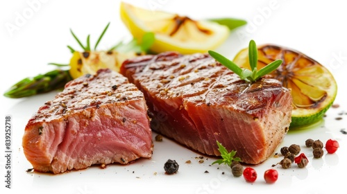 seared tuna steak Isolated on white background. concept of food is delicious for designer