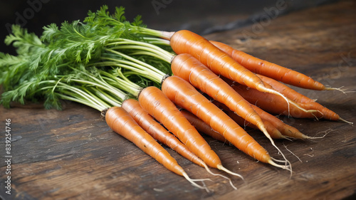 Farm-to-Table Showcase: Fresh Carrots with Vibrant Green Tops Arranged on a Rustic Surface, Highlighting Their Organic Origin and Earthy Appeal, Generative AI