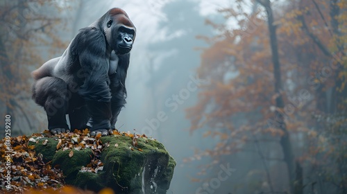 A silverback gorilla standing proudly in a misty rainforest