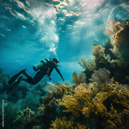 scuba diving in the sea ocean with corals and seaweed. Seaweeds or algae on the bottom of a tropical blue lagoon. Portrait of diver underwater