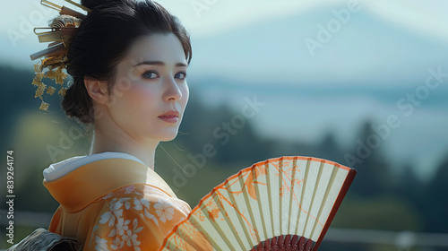 O retrato de uma linda mulher de quimono, segurando um leque, evoca a cultura japonesa