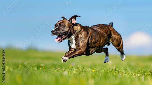 a dog is running in the grass with his tongue out.