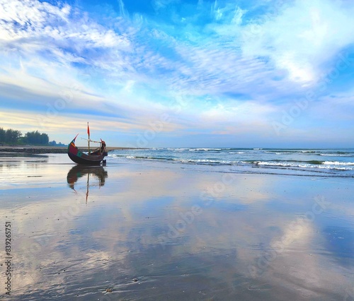 Boat moored on the shore with a serene ocean in the background. Cox's Bazar, Bangladesh