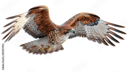 Red-tailed hawk flying against a white background