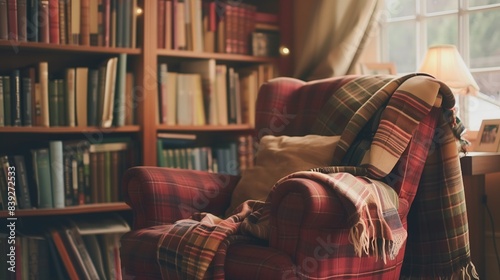 A comfortable armchair with a plaid blanket sits next to a bookshelf full of books