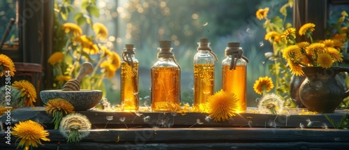 A table with dandelion tincture bottles, mortar and honey set up, surrounded by fresh dandelions and warm lighting