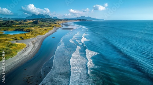 A Coastal Paradise: Serene Waves Crashing on the Shore of a Lush Green Island. Generative AI
