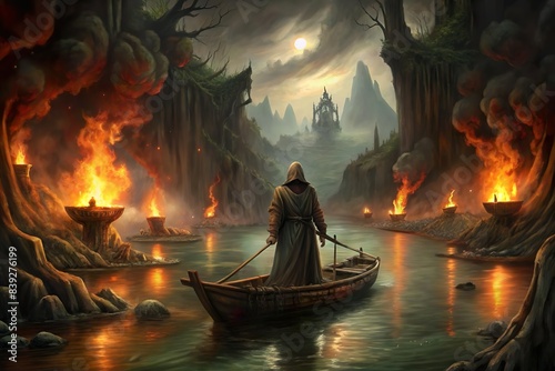 ferry man in hell on underworld river. Afterlife mythology