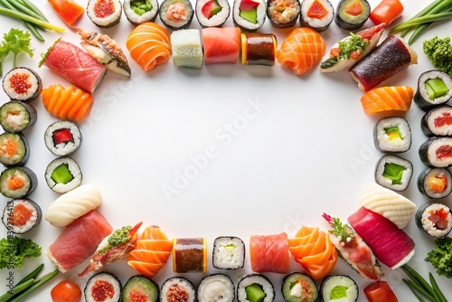 sushi and raw sashimi frame border with empty white space background