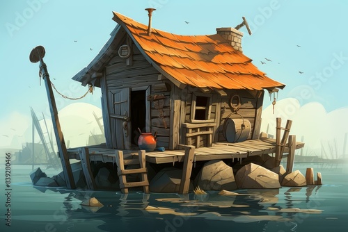 Digital illustration of a tranquil fishing shack on stilts over the water at dawn, with ships in the background