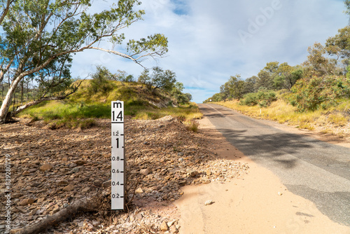 Flood depth indicator, Red Centre Way, NT, Australia