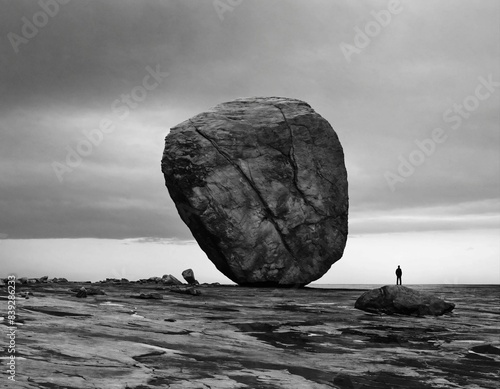 Black and white large round boulder sits on a rocky landscape with a person standing to the right of it. The sky is cloudy.