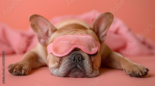 Funny relaxing chilling animal banner background - Energyless, lazy french bulldog with sleeping mask, lying, isolated on pink background