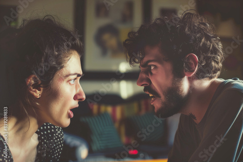 A man and woman are indoors, facing each other, yelling intensely with anger on their faces