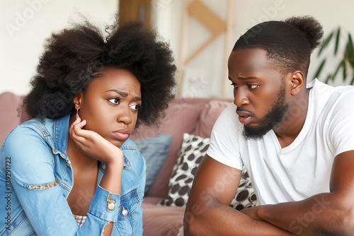 Black young couple offended and sad sitting on couch, family quarrels concept