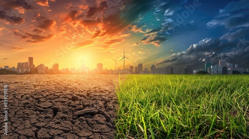 the potential impact of climate change on a city. The left side of the image shows a city with a cracked, dry ground. The right side shows the same city with a lush, green field. 