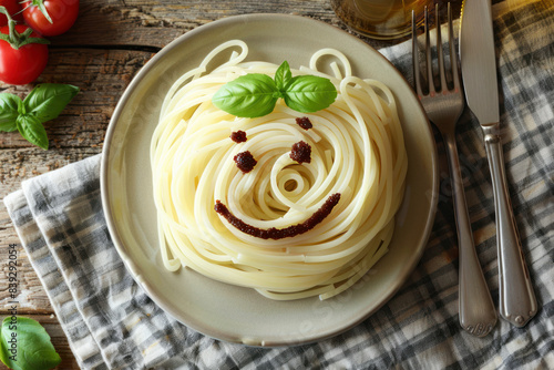 Fun children's pasta with basil in a plate. Fun food idea for kids lunch, food art. Top view.