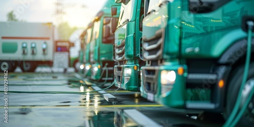 A row of green semi trucks parked in a parking lot