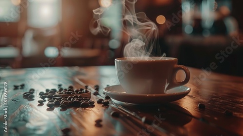 Cozy Cafe Scene: Steaming Cup of Coffee on Rustic Wooden Table with Beans in Soft Focus Vintage Setting