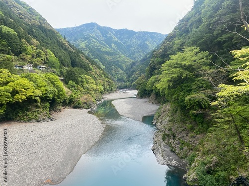 A beautiful view of the jungle and river surrounding the Kitayama River in the Wakayama prefecture of Japan. Beautiful landscape.