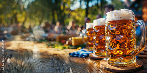 Beer steins on a wooden table in a sunny outdoor beer garden, surrounded by people enjoying the festive atmosphere