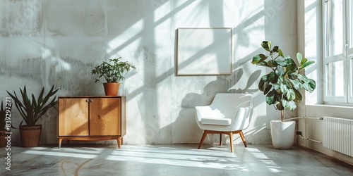 The photo shows a bright room with a large window, a wooden cabinet, a white chair, and several potted plants.