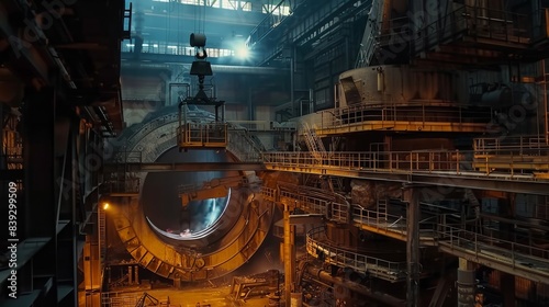 A large industrial building with a large hole in the middle