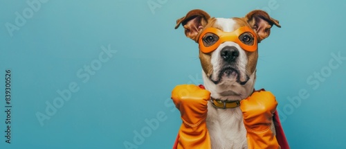 Funny animal pet photography concept - superhero jack russell dog with a orange cloak and mask and clenched paws fists, isolated on blue sky background