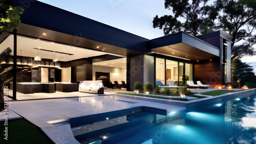 A house at dusk with interior and exterior lights on. The foreground shows a pool of the subject discussing architecture, modern home designs or real estate.