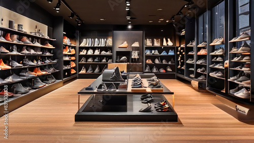 men's shoe store on wooden shelves. They are of different styles and colors, The lighting highlights the textures and craftsmanship of the shoes, making this an interesting fashion showcase.