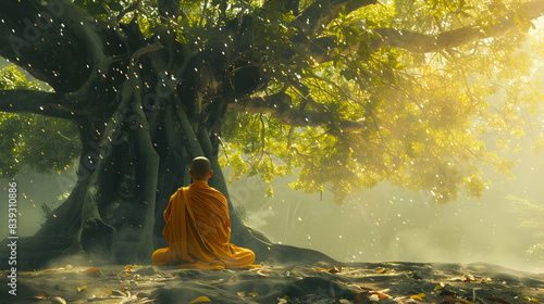 Portrait of a monk in saffron robes, meditating under a sacred tree, capturing a moment of spiritual serenity and cultural heritage