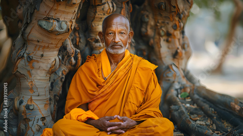 Portrait of a monk in saffron robes, meditating under a sacred tree, capturing a moment of spiritual serenity and cultural heritage