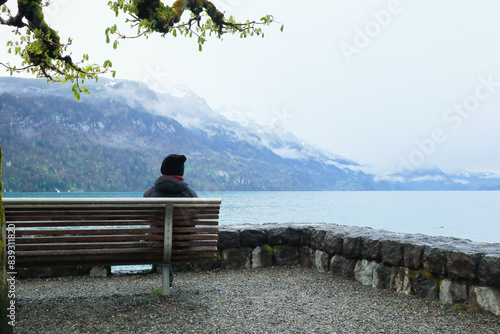 a man is sitting on the shore of lake brienz, switzerland