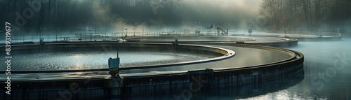 Misty Morning at a Modern Wastewater Treatment Plant with Circular Clarifiers and Atmospheric Fog