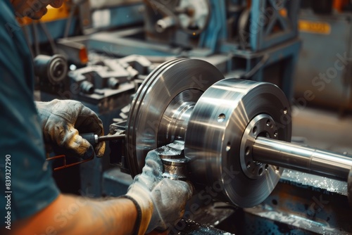 Mechanic Resurfacing Brake Rotor with Lathe in Modern Garage - Automotive Repair Concept