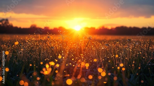 Sunrise Over Fields: Capture the tranquility of a sunrise over fields with golden light, dewy grass, and peaceful scenery, suitable for nature blogs