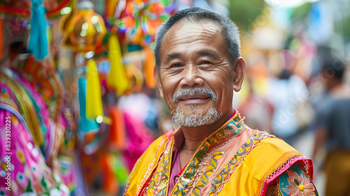 Middle-aged man in traditional Thai attire, participating in a vibrant festival parade, with colorful costumes and cultural displays around him