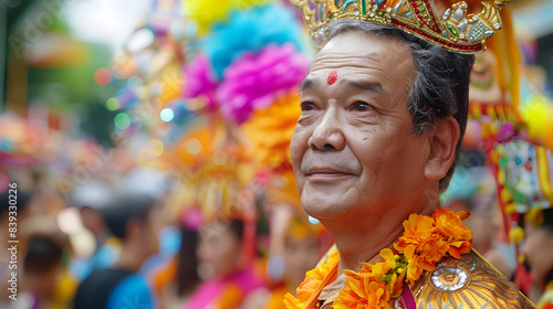 Middle-aged man in traditional Thai attire, participating in a vibrant festival parade, with colorful costumes and cultural displays around him