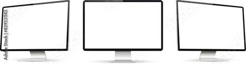 Three monitor with empty display, realistic set device screen mockup