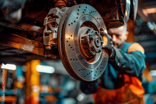 Mechanic Replacing Brake Pads with Professional Tools in Automotive Workshop - Detailed Focus