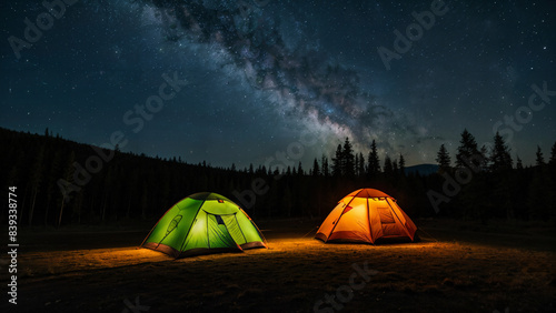 Zelten / Camping bei Nacht im Wald unter Sternenhimmel