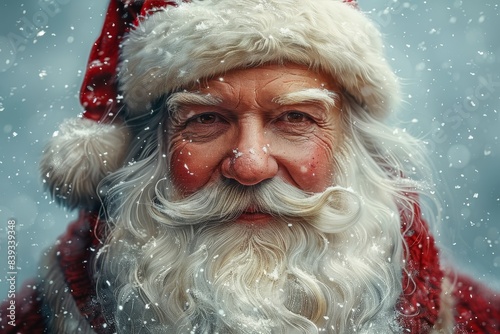 A close-up digital art piece showing Santa Claus's face, featuring impressive detail and a snowy background