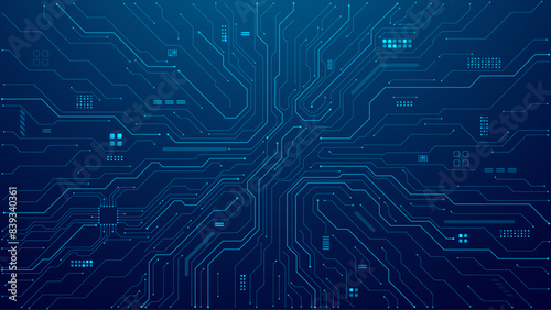 Abstract AI circuit board background. Technology connected blue lines with electronics elements on tech bg. Computer motherboard with a chip, processor, and semiconductor. Digital vector illustration