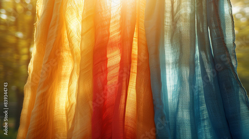 Colorful sheer fabric curtains illuminated by sunlight, creating a warm and vibrant ambiance. Perfect for interior design and home decor themes.