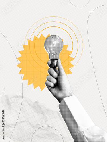 Trendy Halftone Collage Woman Hand holds Light bulb. Education concept. New ideas and solutions in business. Creative mind or brainstorm. Vertical poster. Contemporary vector art illustration